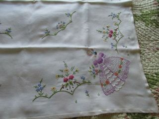 Vintage Hand Embroidered Tablecloth - CRINOLINE LADIES & FLORAL ' S 4