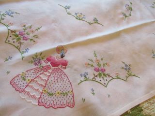 Vintage Hand Embroidered Tablecloth - CRINOLINE LADIES & FLORAL ' S 5