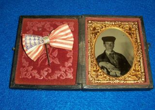 Civil War Period Tin Type With Period Union Lapel Flag.