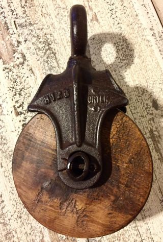 Vintage Antique Primitive Farm Barn Pulley Wooden Wood Cast Iron Patina Afcreek