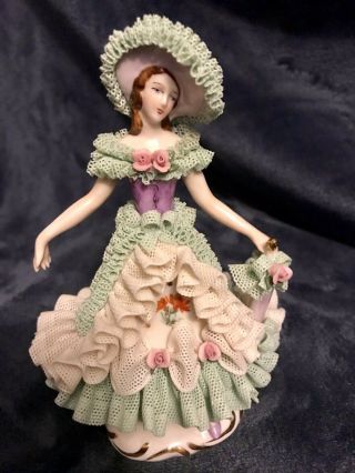 Beautifully Hand Painted Dresden Porcelain Lace Ballerina Figurine 5.  75”