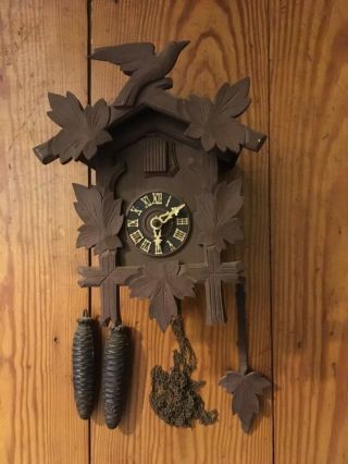Vintage German Cuckoo Clock Hubert Herr With Weights Chain Pendulum 11” Tall