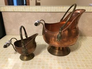 Vintage Set Of 2 Copper Brass Coal Ash Scuttle Buckets W/ Delft Handles