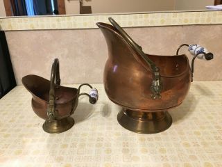 Vintage Set of 2 Copper Brass Coal Ash Scuttle Buckets w/ DELFT Handles 2