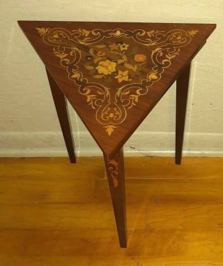 Vintage Italian Triangle Accent Table Inlaid Marquetry