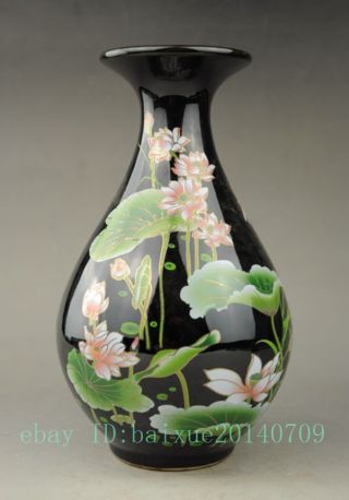 China Old Handwork Jingdezhen Black Porcelain Glaze Painting Lotus Big Vase C02
