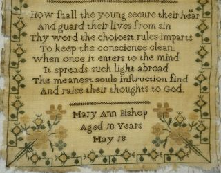 MID 19TH CENTURY VERSE & FLOWERS SAMPLER BY MARY ANN BISHOP AGED 10 - c.  1845 3