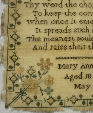 MID 19TH CENTURY VERSE & FLOWERS SAMPLER BY MARY ANN BISHOP AGED 10 - c.  1845 6