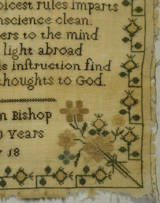 MID 19TH CENTURY VERSE & FLOWERS SAMPLER BY MARY ANN BISHOP AGED 10 - c.  1845 7