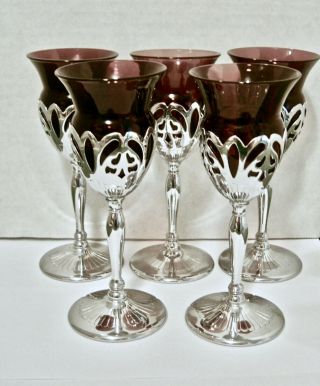 Art Deco Amethyst Glass And Chromium Cordial Glass Set,  Glam