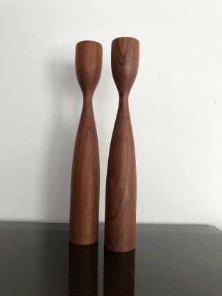 Vintage Mcm Danish Modern Pair Sculptured Walnut Wood Candlesticks Denmark 1129