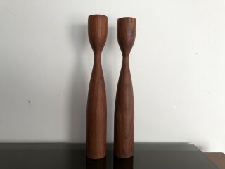 Vintage MCM Danish Modern Pair Sculptured Walnut Wood Candlesticks Denmark 1129 2