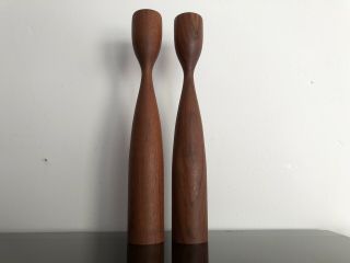 Vintage MCM Danish Modern Pair Sculptured Walnut Wood Candlesticks Denmark 1129 3