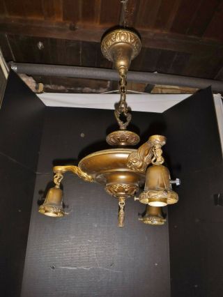 Antique Ornate Victorian Brass 3 Light Chandelier,  Canopy Hanging Light Fixture