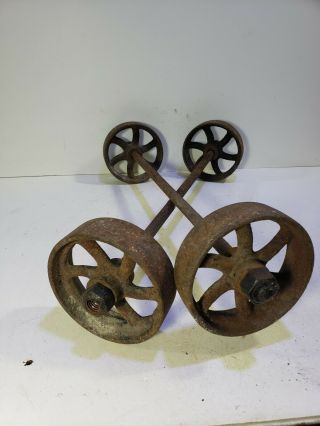 Vintage Cast Iron Industrial Factory Cart Wheels & Axles Matching Set Of 4