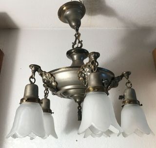 Antique Art Deco Pan Ceiling Light Fixture 1940s 5 Socket Frosted Glass Shades