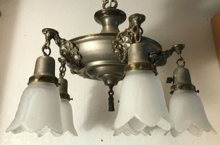 Antique Art Deco pan ceiling light fixture 1940s 5 socket frosted glass shades 2