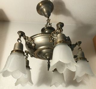 Antique Art Deco pan ceiling light fixture 1940s 5 socket frosted glass shades 3