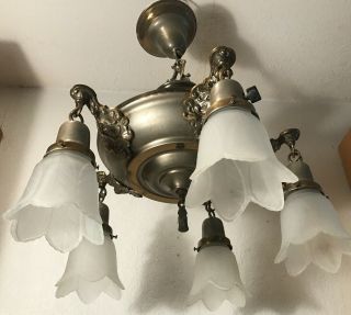 Antique Art Deco pan ceiling light fixture 1940s 5 socket frosted glass shades 4