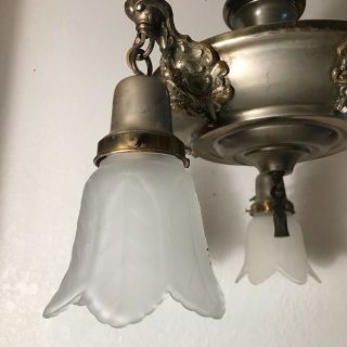 Antique Art Deco pan ceiling light fixture 1940s 5 socket frosted glass shades 5