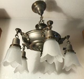 Antique Art Deco pan ceiling light fixture 1940s 5 socket frosted glass shades 6