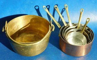 Miniature Set Of French Copper Cooking Pot Saucepans & Brass Cauldron