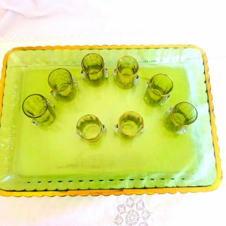 Vintage Cordial Glasses Tray Set Green Liqueur French Bar Accessories Bar Cart