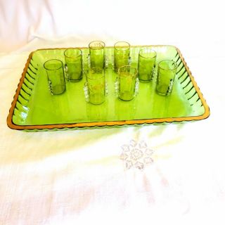 Vintage Cordial Glasses Tray Set Green Liqueur French Bar Accessories Bar Cart 2