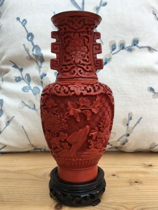 Antique / Vintage Chinese Cinnabar Vase With Handles & Stand Blue Enamel Inside