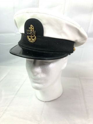 Vietnam War Era Us U.  S.  Usn Visor Hat Cap,  Officer,  White,  Dress,  Corps