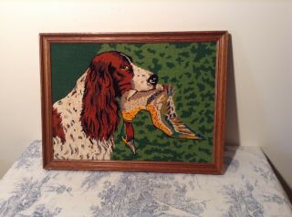 VINTAGE FRENCH FRAMED HUNTING DOG EMBROIDERY TAPESTRY Cushions,  Upholstery 2032 2
