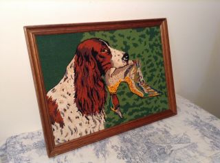 VINTAGE FRENCH FRAMED HUNTING DOG EMBROIDERY TAPESTRY Cushions,  Upholstery 2032 3