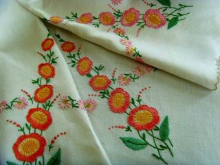 Vintage Hand Embroidered Linen Tablecloth Stunning Hollyhocks & Daisies