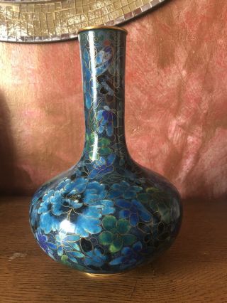 Antique Chinese Cloisonne Vase.  Blues.  21cm High.