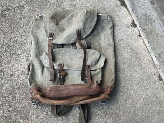 Vintage Swiss Army Military Salt & Pepper Leather Backpack Rucksack 1960 Hiking