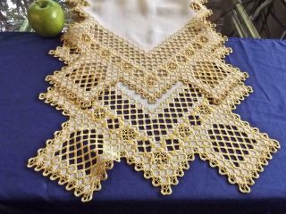Antique Geometric Hardanger Lace Yellow Embroidery 16x48 Runner Dresser Scarf