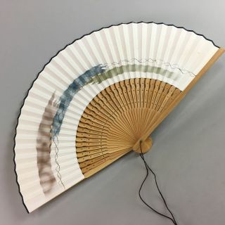 Japanese Folding Fan Vtg Sensu Paper Bamboo Three - Color Earth Tone White 4d238