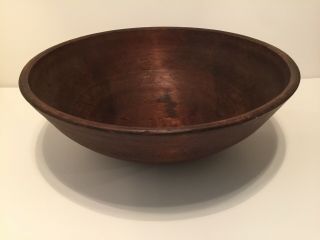 FANTASTIC 19.  5” LARGE ANTIQUE EARLY WOODEN TURNED TREEN PRIMITIVE WOOD BOWL 3