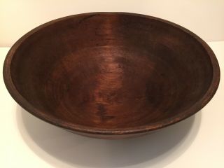 FANTASTIC 19.  5” LARGE ANTIQUE EARLY WOODEN TURNED TREEN PRIMITIVE WOOD BOWL 4