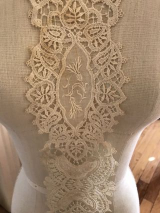 French Embroidered Needle Lace Antique Long Collar Dress Panel Ornate Floral 5