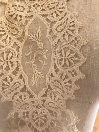 French Embroidered Needle Lace Antique Long Collar Dress Panel Ornate Floral 7