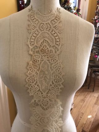 French Embroidered Needle Lace Antique Long Collar Dress Panel Ornate Floral 8