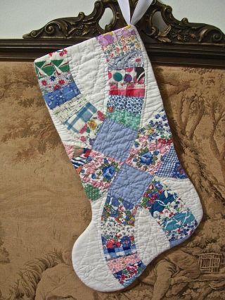 Stocking From 1920 - 1930s Quilt Double Wedding Ring Feed Sack & Novelty Prints 2