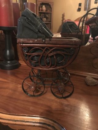 Vintage Miniature 11” Tall Wrought Iron/woodbaby Carriage/doll
