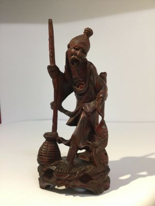 Quality Vintage Chinese Root Carving Fisherman Figure Man 4.  5 " Tall Wooden.