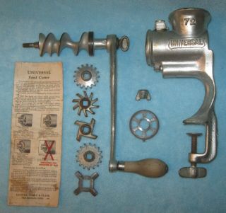 Vintage Universal Meat Grinder 72; Hand Crank; Table Fasten; Hinged; 5 Blades