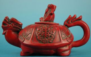 Chinese Red Coral Hand - Carved Dragon Turtle God Of Wealth Teapot C01