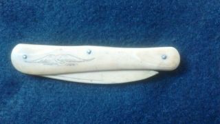 L@@k.  Unusual Antique Fruit Knife Carved Bone With Picture Of A Swan On.