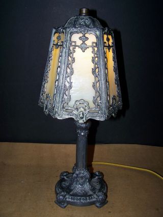 Antique Art Nouveau 6 Panel Slag Multi - Color Glass Table Lamp Old Vintage