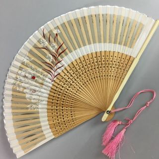 Japanese Folding Fan Vtg Sensu Fabric Bamboo Floral Leaf White Pink 4d243